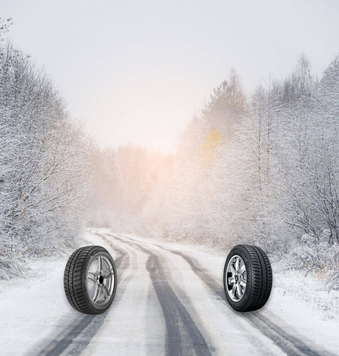 Pneu Bridgestone Blizzak WS80 face au Blizzak WS90 sur une route enneigée avec des traces de pneus
