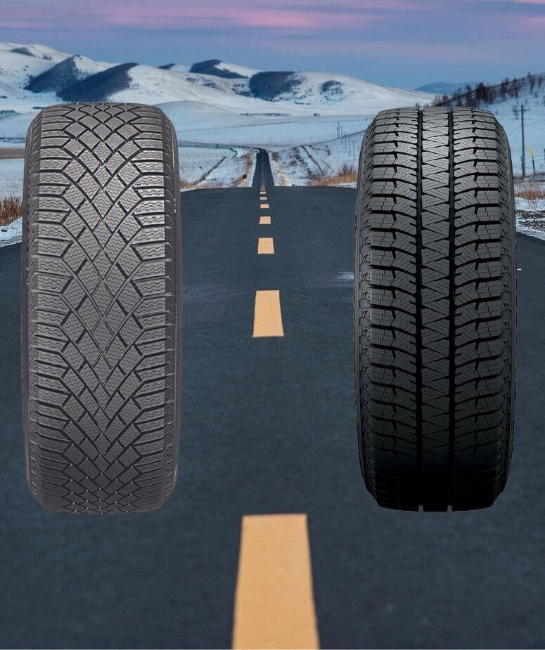 Pneu Continental Viking Contact 7 à gauche du pneu Bridgestone Blizzak WS90 sur la route