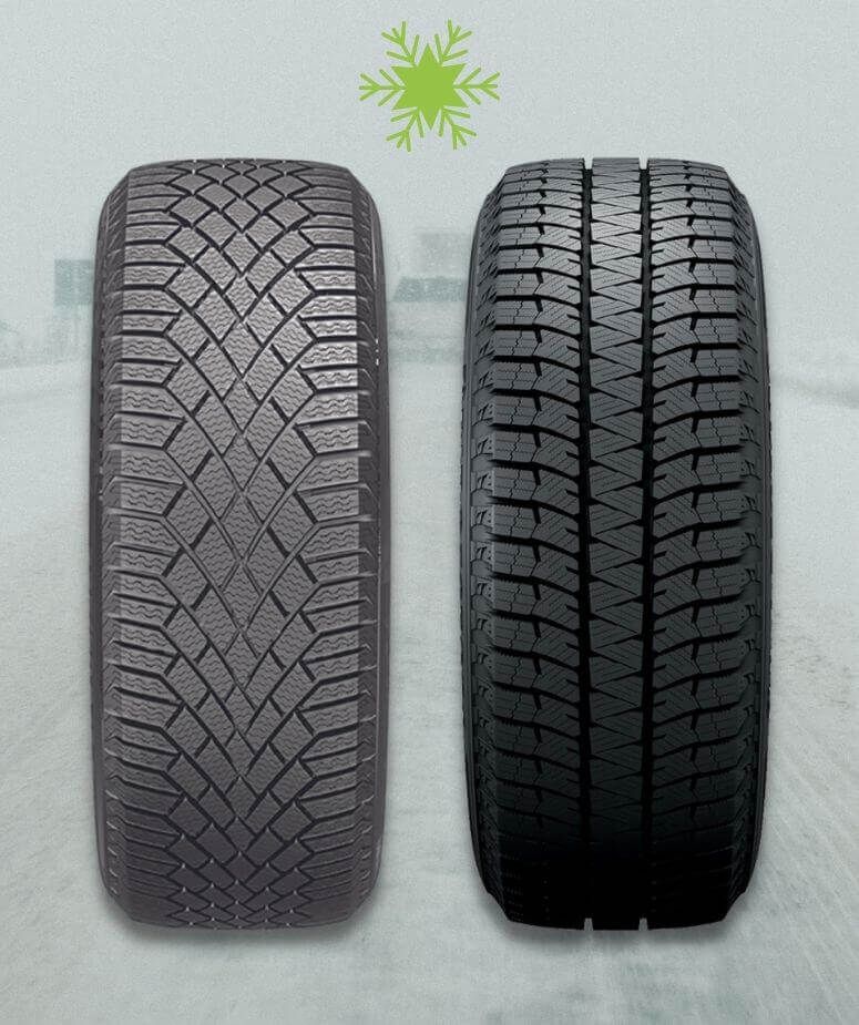 Pneu Continental Viking Contact 7 à gauche du pneu Bridgestone Blizzak WS90 sur une surface hivernale