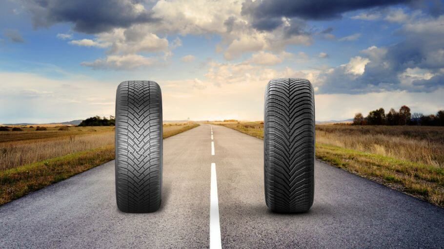 front view of Continental All Season Contact and Michelin Crossclimate 2 tires on the road