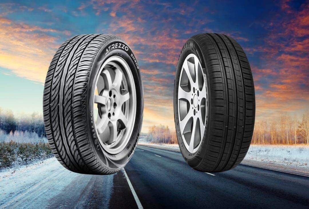 Minerva tire vs a Sailun tire on a winter road landscape background