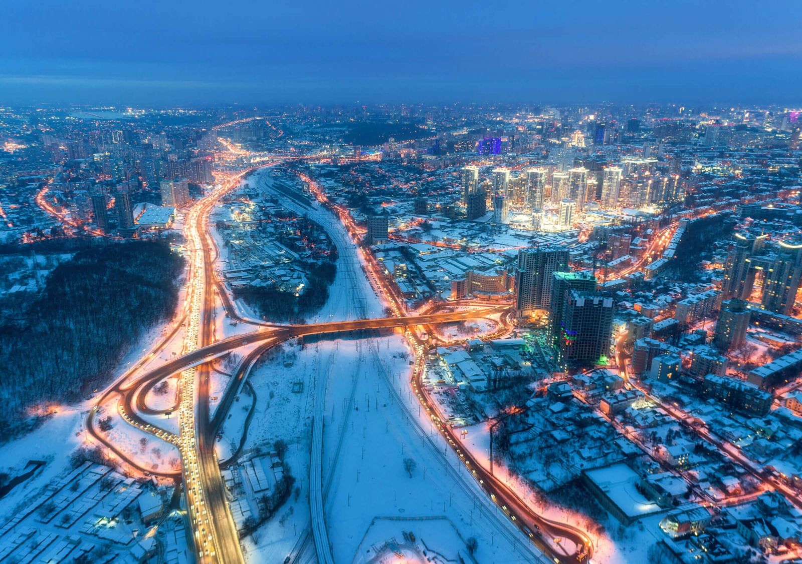 aerial view of a beautiful modern city at cold night